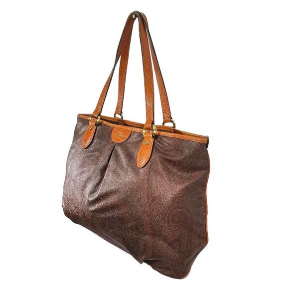 Etro Tote Shoulder Bag Leather Trim Authentic Paisley Jacquard Fabric w Serial# - Picture 2 of 14